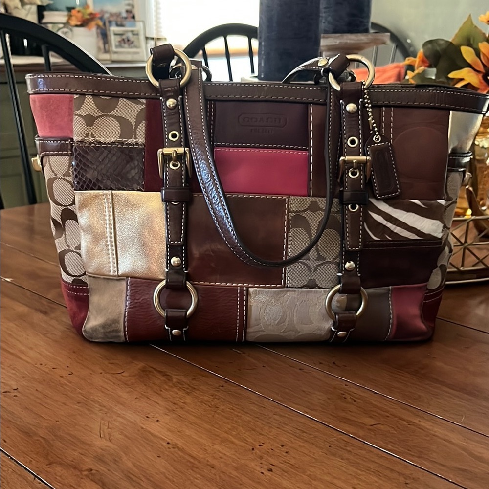 Coach Brown and Tan Shoulder Bag with Pink Interior
